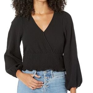 Madewell XS Smocked Cotton Blouse Crop Lightweight Balloon Sleeve Wrap Spring